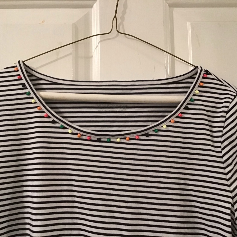 Talbots Navy & White Striped Short Pom Pom Trim Round Neck Women’s Tee Size L - Picture 3 of 5
